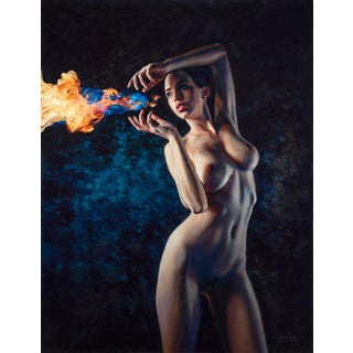 Fire Starter by Dave Seeley | Oil on Canvas on Board Woman creating flames with her hands. For Sale
