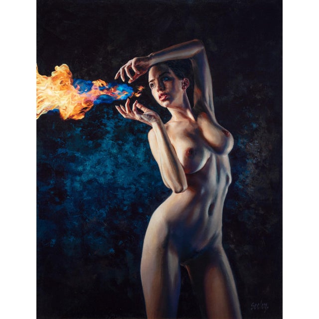 Fire Starter by Dave Seeley | Oil on Canvas on Board Woman creating flames with her hands. For Sale