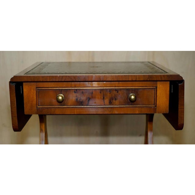 Extending Green Leather & Burr Yew Wood Side Table from Bevan Funnell For Sale - Image 4 of 18