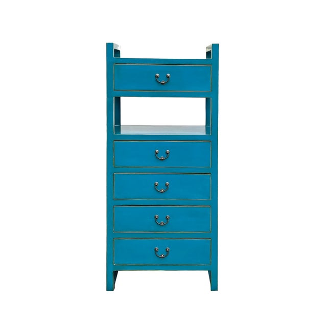 Wood Oriental Bright Benitoite Blue Drawers Open Shelves Chest Cabinet Stand For Sale - Image 7 of 7