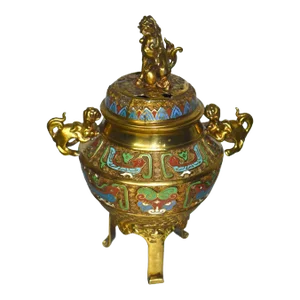 Vintage Japanese Cloisonne Enamel Champleve Brass Foo Dog Incense Burner