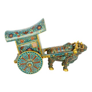 Chinese Brass Gilt Ox Drawn Cart With Cloisonné and Enamel 20th Century For Sale