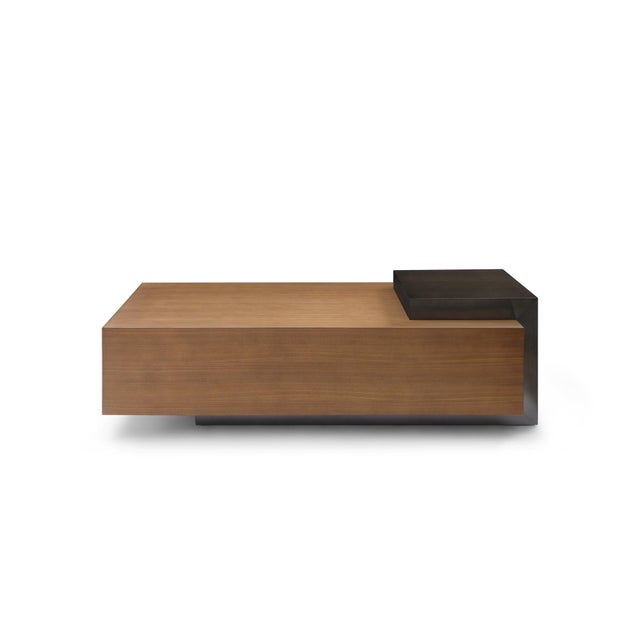 Modern Walnut and Bronze Cocktail table designed by Greg Sheres; "Cadiz". The Cadiz cocktail table is our first accent...
