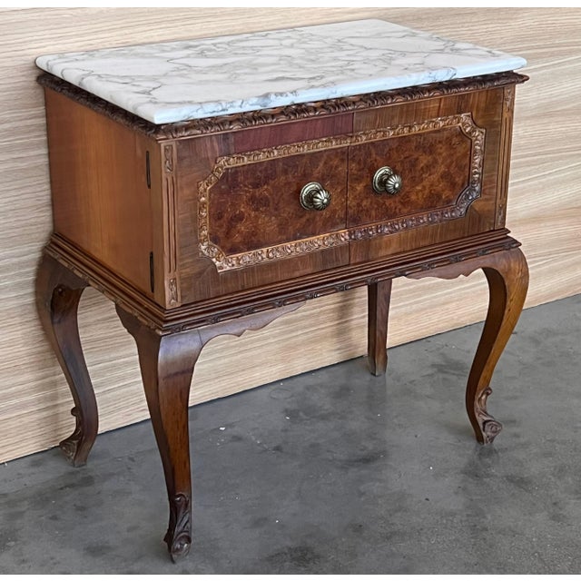 Wood Art Deco French Nightstands with doors and Marble Top, 1930s, Set of 2 For Sale - Image 7 of 18