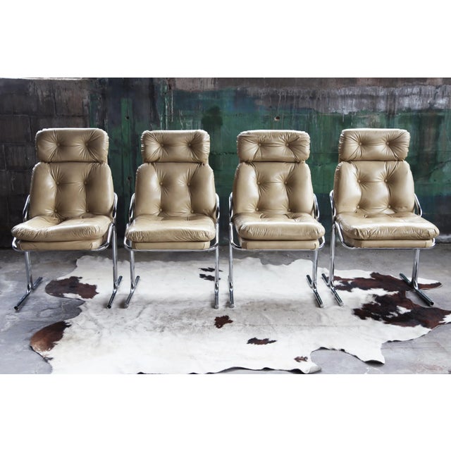 Pair 1970s Vintage Post Modern Jerry Johnson Style Bent Tubular Beige and Chrome Chairs - Pair of 2 For Sale - Image 6 of 11