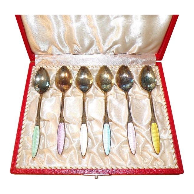 1960s Box of 6 Frigast Sterling Silver Demitasse Spoons Set, Gold Wash, Guilloche Enamel For Sale