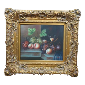 Mid 20th Century M. Aaron Still Life Grapes Peaches Martini Fruit Oil Painting on Canvas 39", Framed
