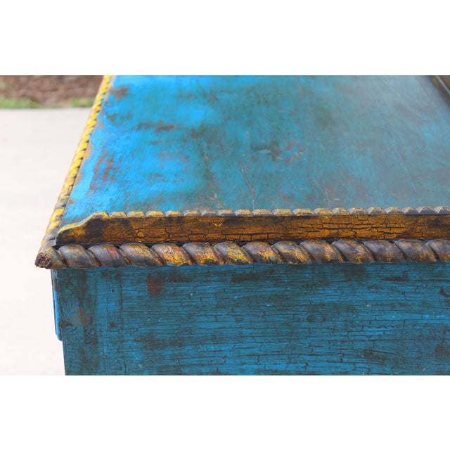 Late 20th Century Spanish Revival Console Table | Hand-Painted Distressed Blue Accent Table | Barley Twist Legs | Two Drawer Sofa Table For Sale - Image 13 of 16