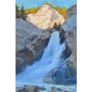 Emanation by Judd Mercer | Oil on Wood Panel Waterfall cascading over rocks with trees in background For Sale
