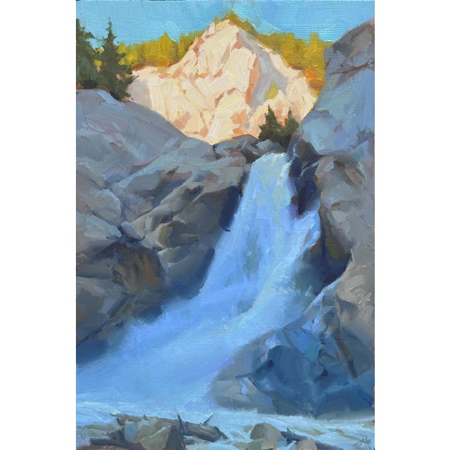 Emanation by Judd Mercer | Oil on Wood Panel Waterfall cascading over rocks with trees in background For Sale