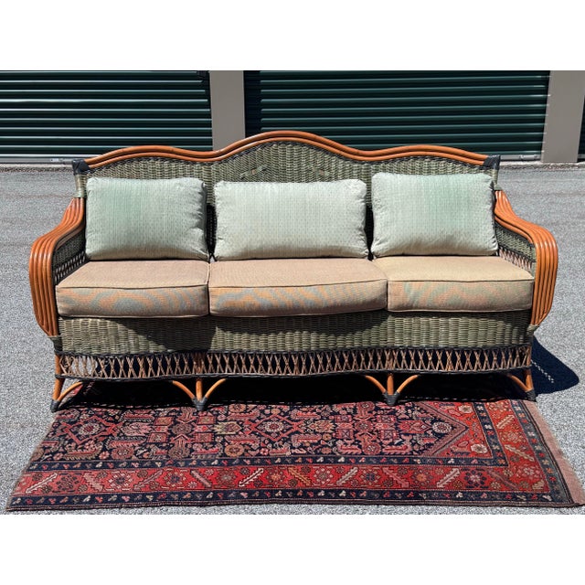 Vintage 1980s Braxton Culler Style Rattan Sofa. Charming vintage 1980s Braxton Culler rattan 3-seat sofa with green floral...