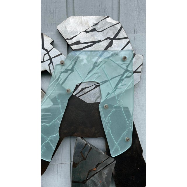 Postmodern Abstract Etched Glass Steel Wall Art Sculpture by Virginia Hoffman. This multi layered bold and dramatic piece...