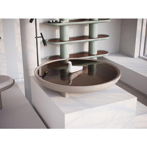Wood Lacquered Structure and Walnut Round Side Table with Top Insert by Ultramobili For Sale - Image 7 of 10