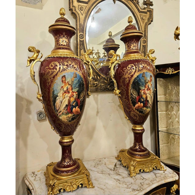 Elegant Burgundy Porcelain Vases Set of 2– Classic French Style Décor For Sale - Image 4 of 4