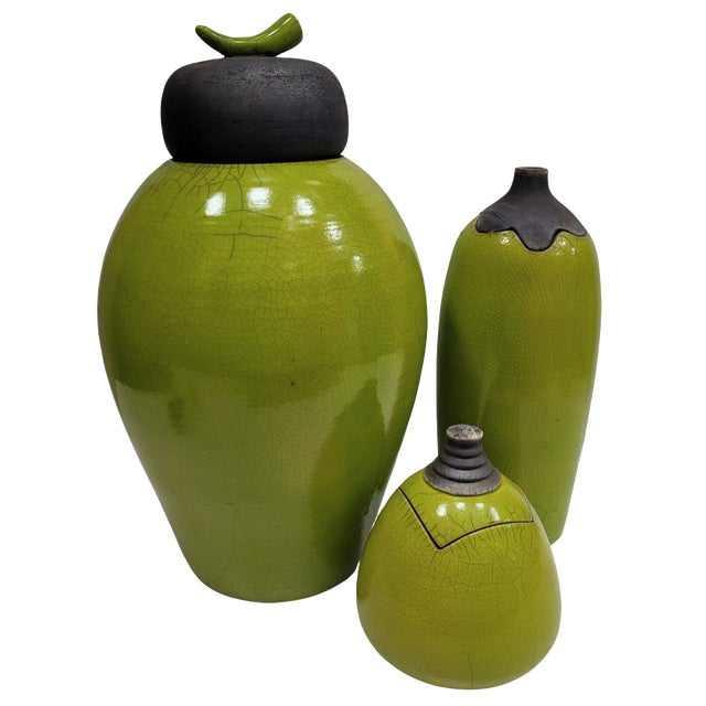 Vintage Green Vases in Raku Ceramics from Befos, Set of 3 For Sale
