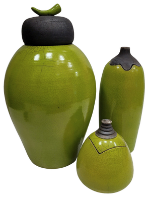 Vintage Green Vases in Raku Ceramics from Befos, Set of 3
