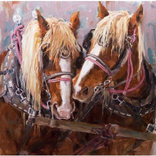 Love Being Hitched by Lindsey Bittner Graham | Oil on board Painting of two horses side by side For Sale