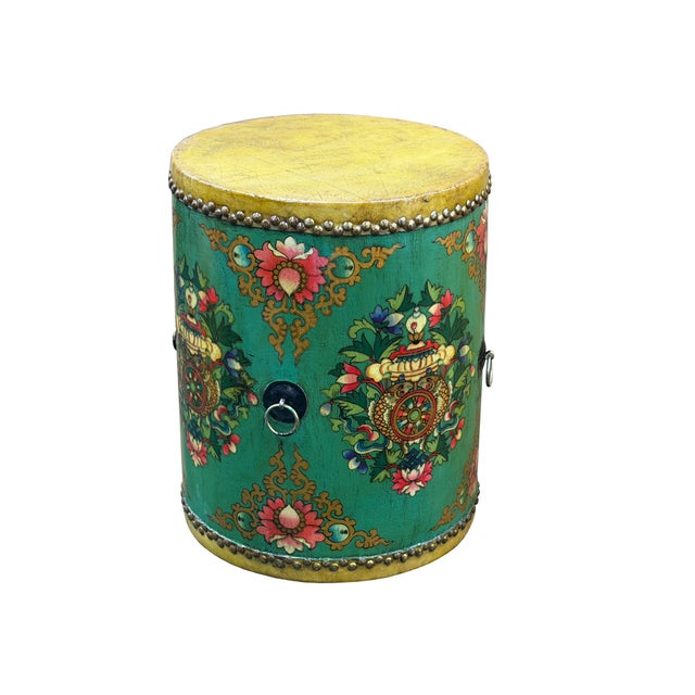 Asian Teal Turquoise Green Tibetan Drum Style Lotus Jewel Graphic Table Stool For Sale - Image 3 of 11