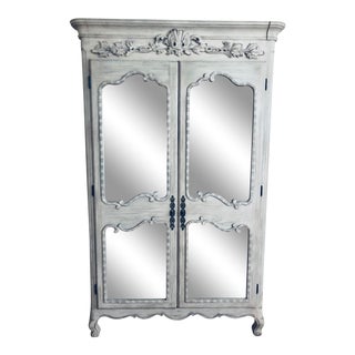 Restoration Hardware Ornate Grey Mirrored Armoire For Sale