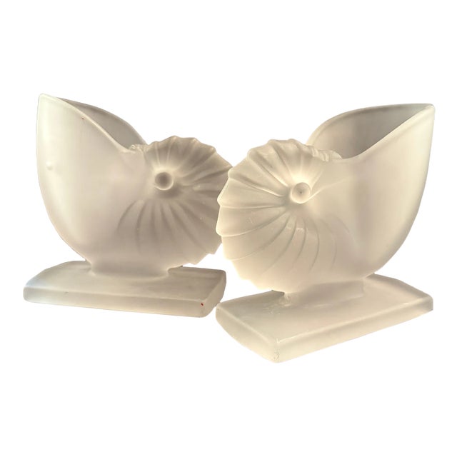 Pair of 1940s New Martinsville Satin Glass Nautilus Seashell Bookends For Sale