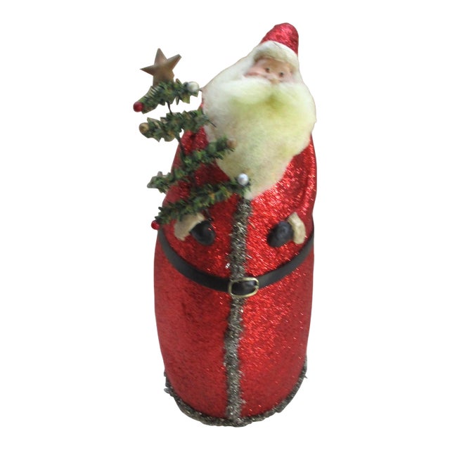 Vintage Whimsical Christmas Red Glitter Santa Claus With Tree For Sale