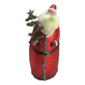 Vintage Whimsical Christmas Red Glitter Santa Claus With Tree