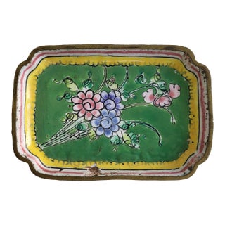 Antique Chinese Green Floral Cloisonne Dish For Sale