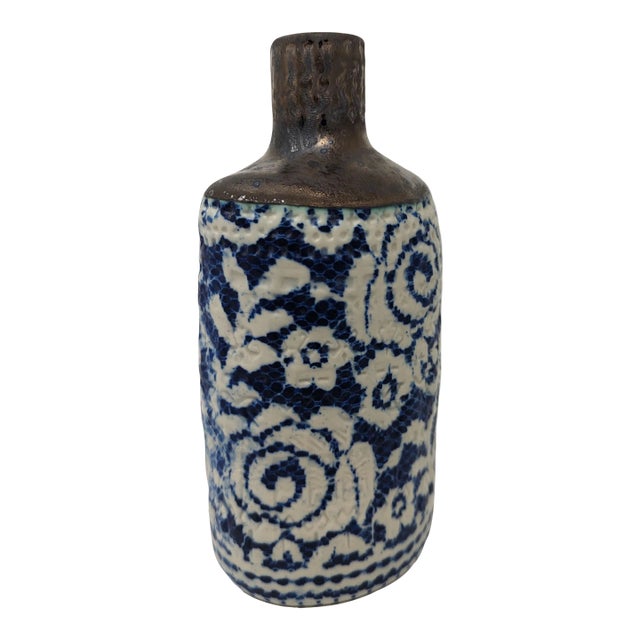 Costal Blue, White, and Metalic Hand Painted and Handmade Ceramic Floral Vase Description For Sale