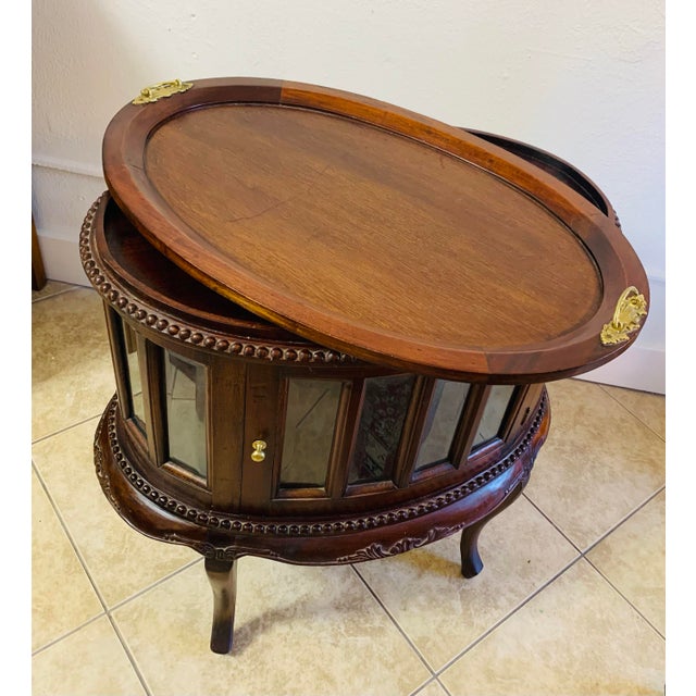 Vintage Mahogany Oval Bar Cabinet With Removable Serving Tray For Sale - Image 4 of 11