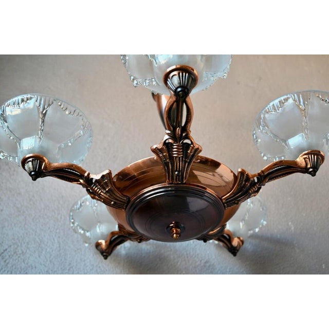 Large Art Deco Chandelier in Gilded Metal and Sandblasted Glass Ezan, France, 1930s For Sale - Image 5 of 18