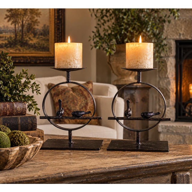 Metal Pair of Pottery Barn Heavy Iron Bird & Branch Pillar Candle Holders For Sale - Image 7 of 8