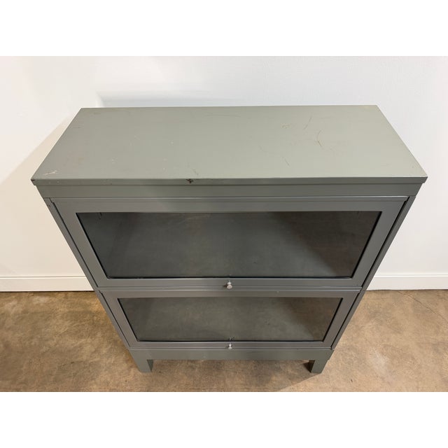 Vintage Industrial Steel Barrister Bookcase With Glass Lift-Up Doors For Sale - Image 4 of 13