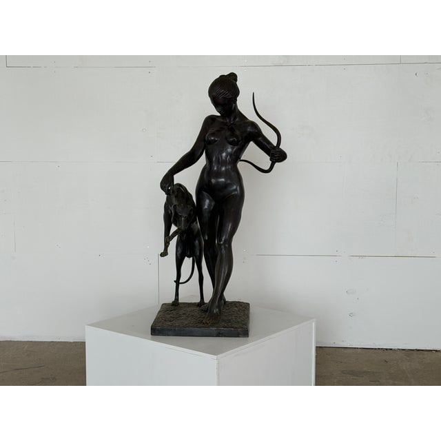 Nude Figure of Diana the Huntress with Greyhound, Late 20th Century, Bronze For Sale - Image 3 of 8