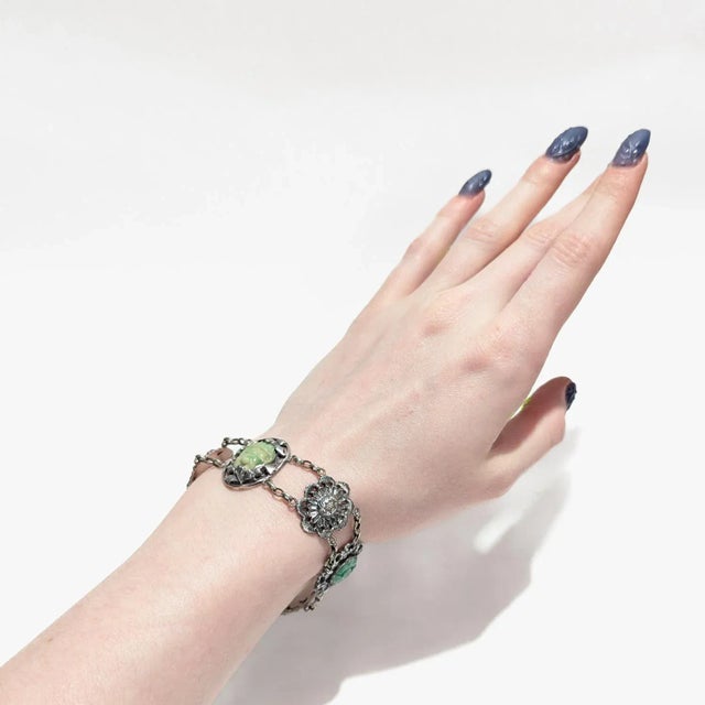 Vintage Signed Art Deco Chinese Sterling Silver & Jadeite Bracelet For Sale - Image 4 of 12