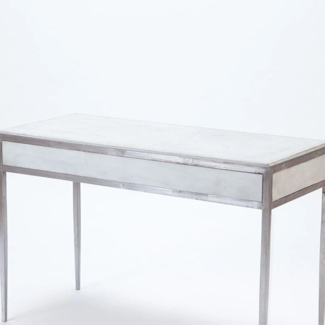 Mid-Century Modern A White Leather and Polished Iron Writing Desk, in the Manner of Jean-Michel Frank. For Sale - Image 3 of 7