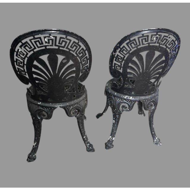 Mid 20th Century Pair Vintage Cast Aluminum Patio Garden Chairs Greek Key Shell Back Black Metal For Sale - Image 5 of 7