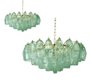 Poliedro Murano Glass Green Chandeliers with Gold Metal Frame by Simoeng, Set of 2
