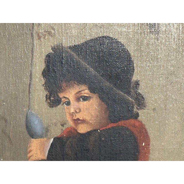 Antique Folk Art Oil Painting: Young German Boy with Spoon For Sale - Image 4 of 9