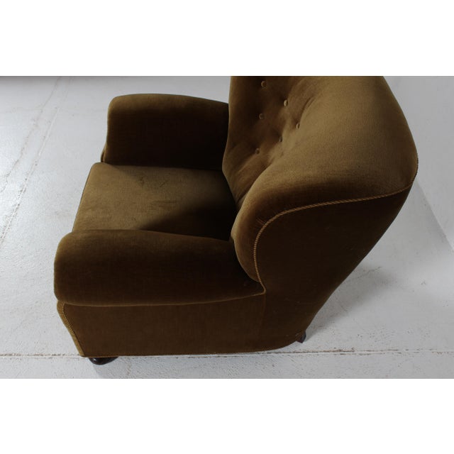 Large Art Deco Roll Arm Lounge Chair in Olive Green Velvet, Denmark, 1940s For Sale - Image 9 of 16