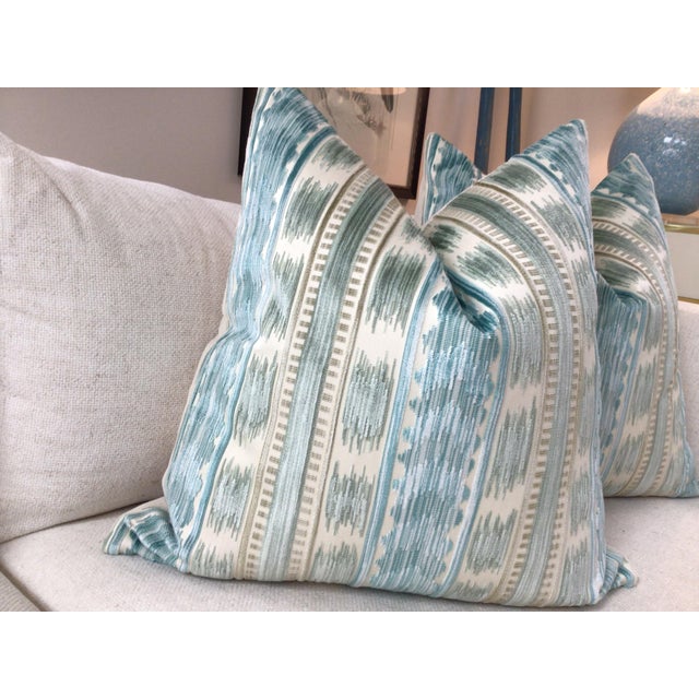 Brunschwig and Fils "Bayeaux" Velvet in Aqua 18" Down-Filled Pillows- a Pair For Sale - Image 4 of 6