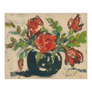 1930 Vintage Red Flowers in a Vase Art Print by Zolo Palugyay - 14" X 11" For Sale