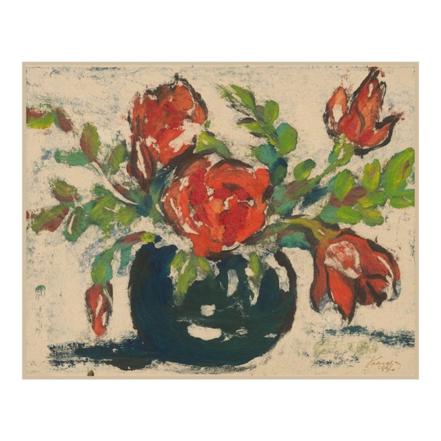 1930 Vintage Red Flowers in a Vase Art Print by Zolo Palugyay - 14" X 11" For Sale