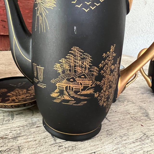Vintage Kutani China Hand-Painted Black & Gold Japanese Tea Set With Teapot & Cups - Set of 15 For Sale - Image 17 of 18