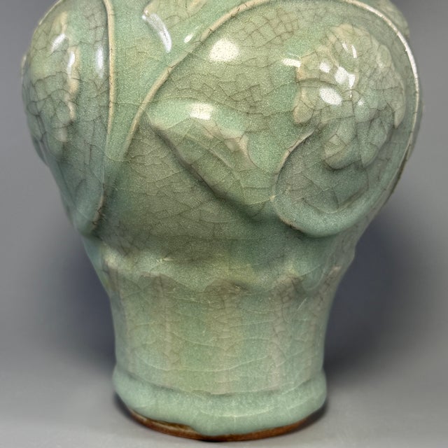 Antique Chinese Celadon Relief‑Carved Flared Rim Vase, Collectible Antique For Sale - Image 4 of 7