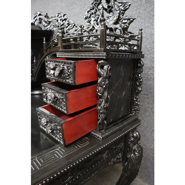Black Highly Carved Chinese Dragon Black Lacquer Writing Desk / Secretary Desk For Sale - Image 8 of 15