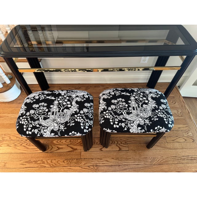 Wood Late 20th Century Post Modern Black Lacquer and Brass Console Table With Chinoiserie Upholstered Nesting Stools For Sale - Image 7 of 7