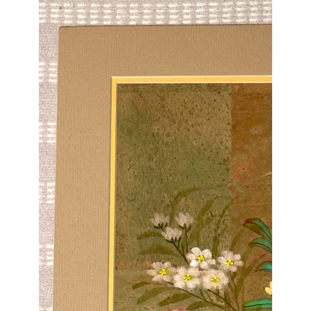Late 20th Century Original Chinese Floral Painting With Birds, Signed, Custom Mat For Sale - Image 5 of 12