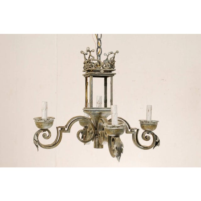 Mid 20th Century Mid 20th Century Italian Hand-Forged Iron & Painted Wood Chandelier with Regal Crown at the Top For Sale - Image 5 of 9