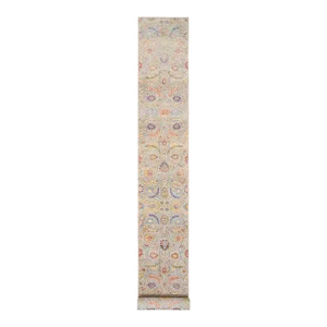 Tan, Hand Knotted Sickle Leaf Design Silk With Textured Wool, XL Runner Oriental Rug