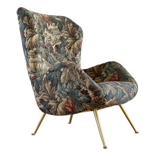 Mid-Century Italian Wing Armchair with Floral Pattern in Jacquard Fabric, 1950s For Sale